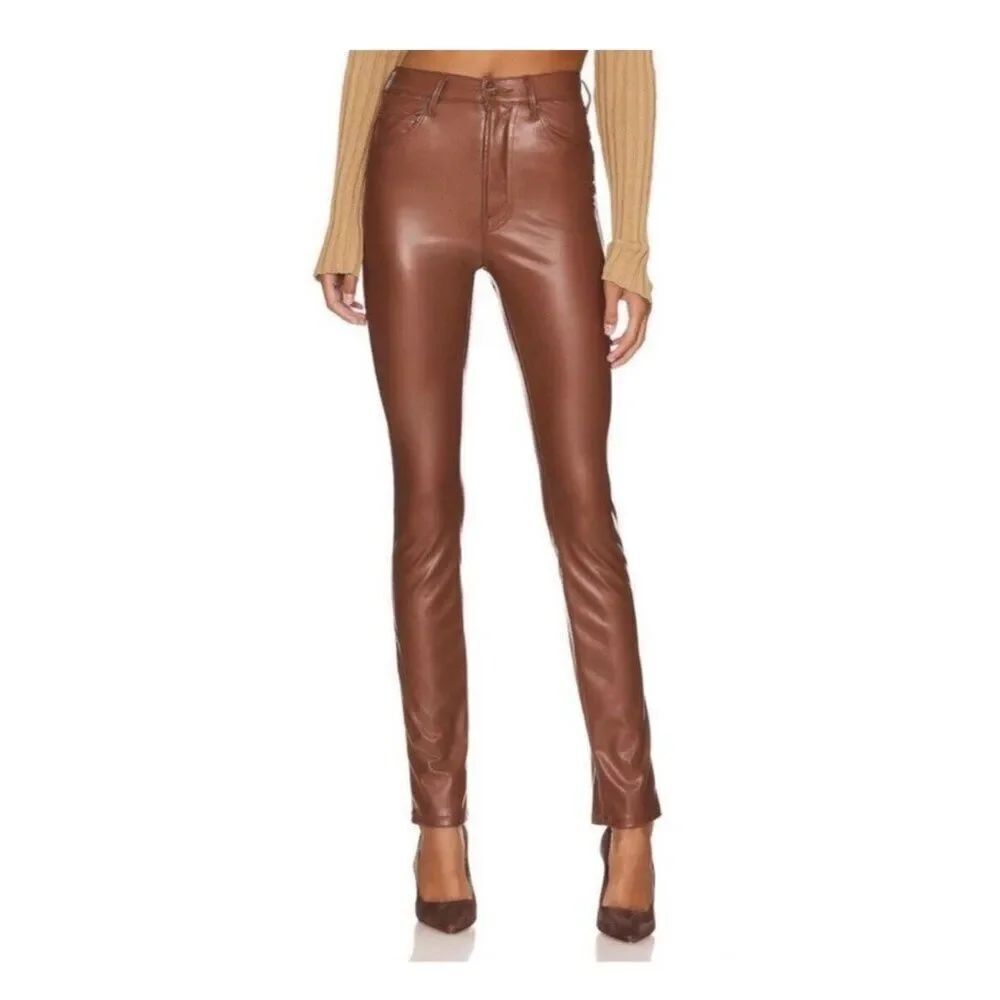 Mother Authentic Solid Brown High Waist Rail Skimp Faux Vegan Leather Pants 25